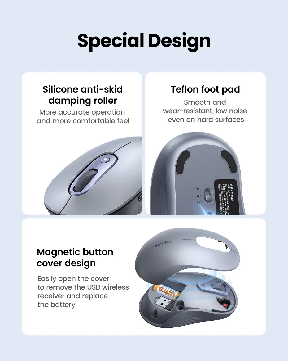 UGREEN 45149 – Chuột Bluetooth Không Dây Dual Mode, DPI 4000 Cho Laptop, MacBook, PC - Hình ảnh 3