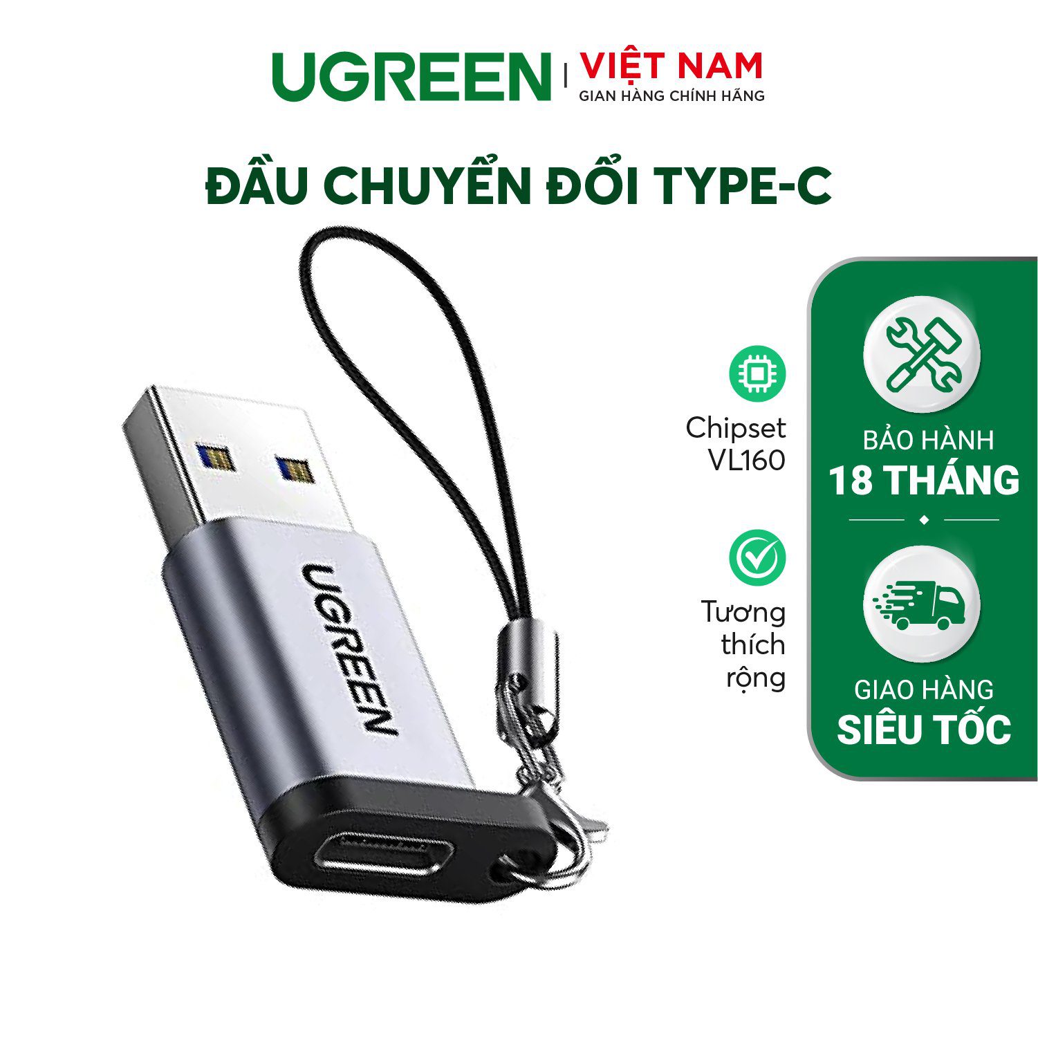 Đầu chuyển Type C sang USB 3.0 UGREEN US204 – Tốc độ truyền lên đến 10Gbps, hỗ trợ tương thích ngược
