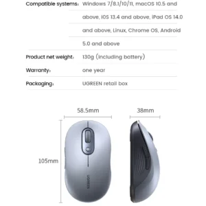 UGREEN 45149 – Chuột Bluetooth Không Dây Dual Mode, DPI 4000 Cho Laptop, MacBook, PC - Hình ảnh 14