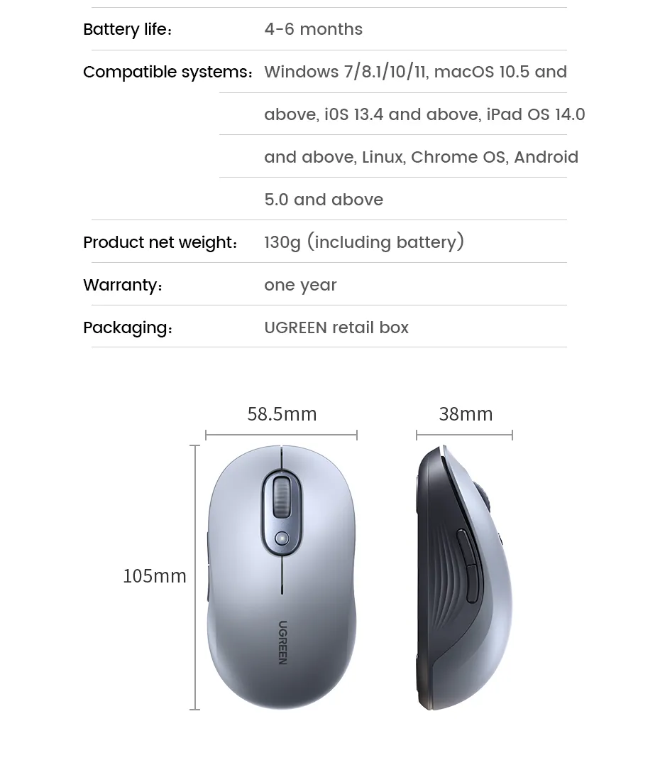 UGREEN 45149 – Chuột Bluetooth Không Dây Dual Mode, DPI 4000 Cho Laptop, MacBook, PC - Hình ảnh 14