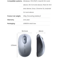 UGREEN 45149 – Chuột Bluetooth Không Dây Dual Mode, DPI 4000 Cho Laptop, MacBook, PC